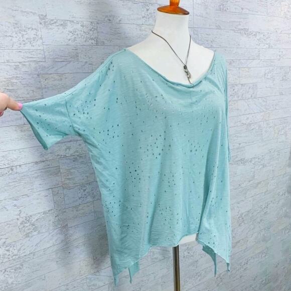 Mint green eyelet handkerchief hem short sleeve asymmetric tunic tee - Picture 2 of 7